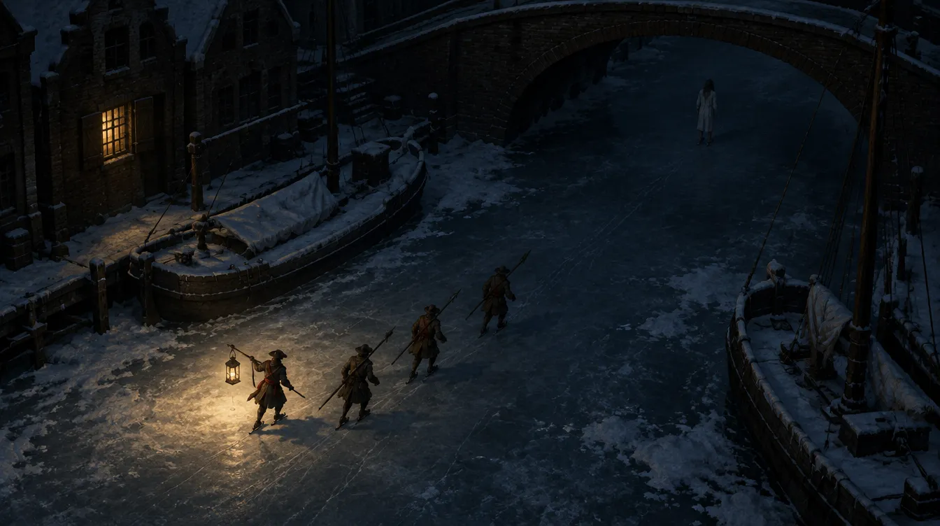 Tangkapan in-game patroli malam: empat anggota kompi meluncur di kanal beku di bawah jembatan bata, seorang penidur berbaju tidur berdiri diam di kejauhan.