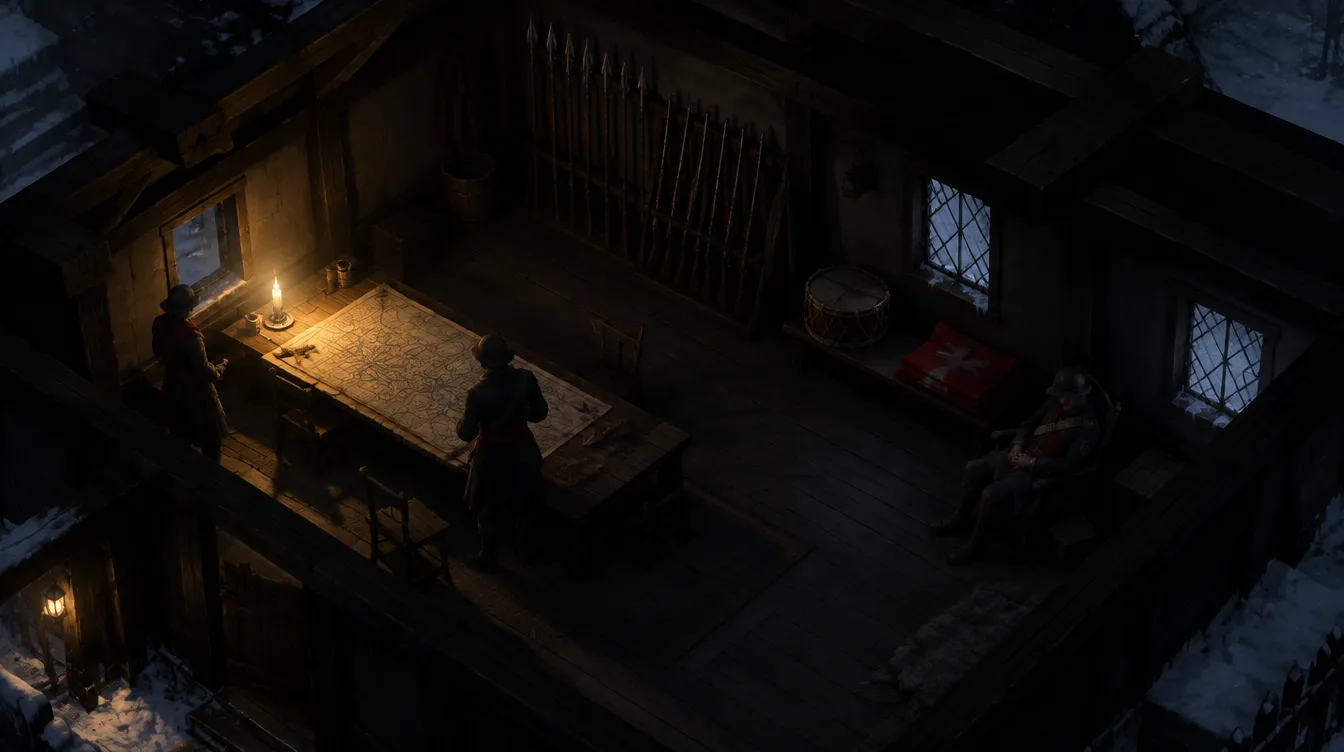 Tangkapan in-game dari atas: ruang jaga The Night Company dengan meja peta tanggul, satu lilin, rak pike dan senapan, dan seorang sersan tertidur di kursi.