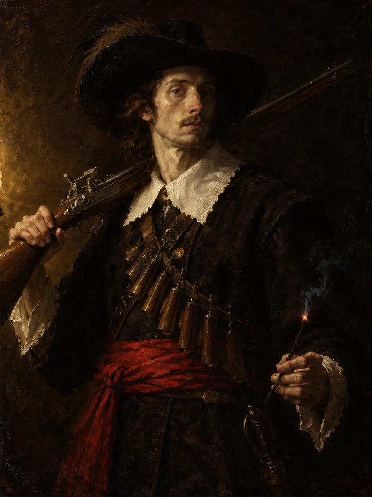 Tobias Wren dengan senapan sumbu di bahu dan sumbu menyala di tangan.